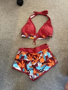 Red Floral Halter Bikini Top & Swim Shorts